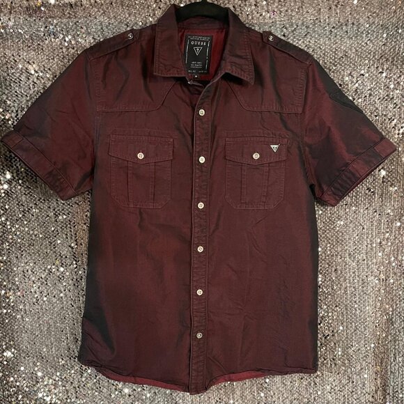 Guess Burgundy Button-up Mens M Fitted Short Sleeve Shirt - Picture 1 of 7